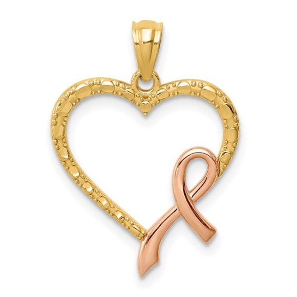 14k Two-tone Gold, Yellow Heart w Rose Gold Pink Ribbon Cancer Awareness Charm - Picture 1 of 3